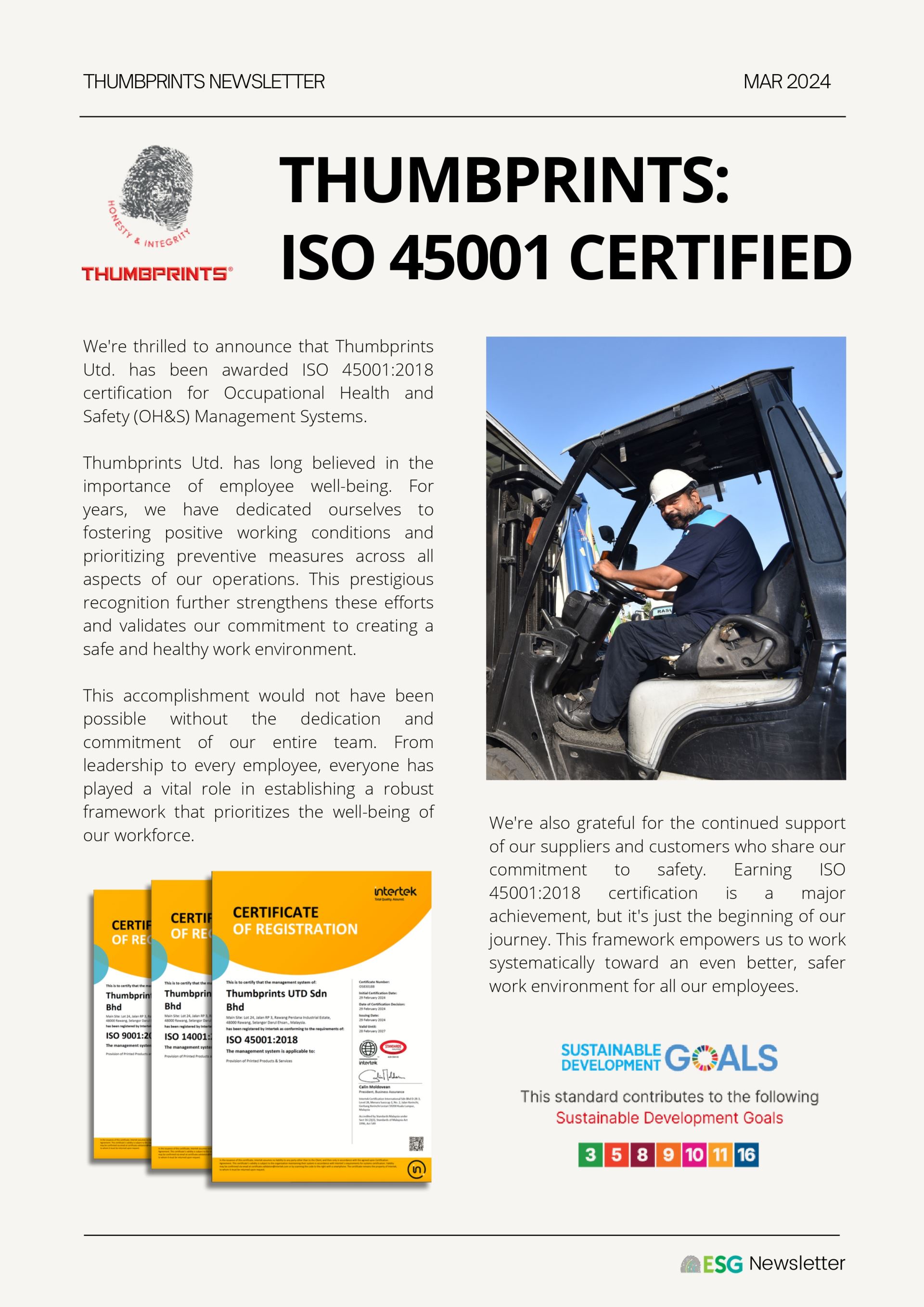 Thumbprints: ISO 45001 Certified